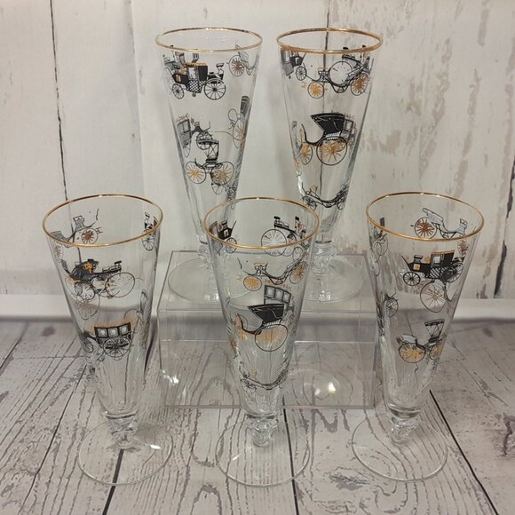 Libbey Champagne Glass Curio Carriage Set Of 5 Trumpet Fluted MCM Black Gold Car - Picture 2 of 11